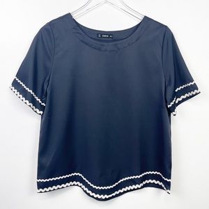 SHIEN Navy Blue Blouse with White Trim, NWOT